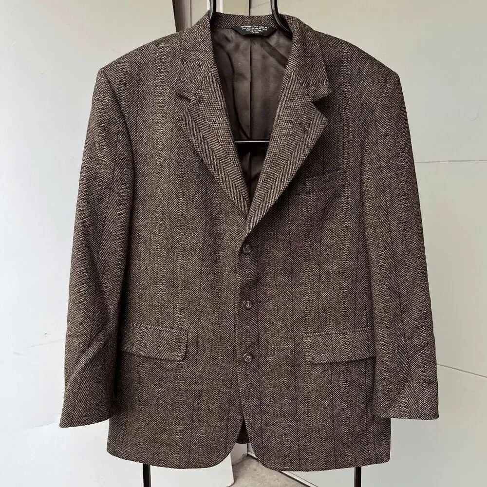 Vintage 80s/90s John Alexander Brown Wool Herringbone Tweed Blazer Jacket - 40